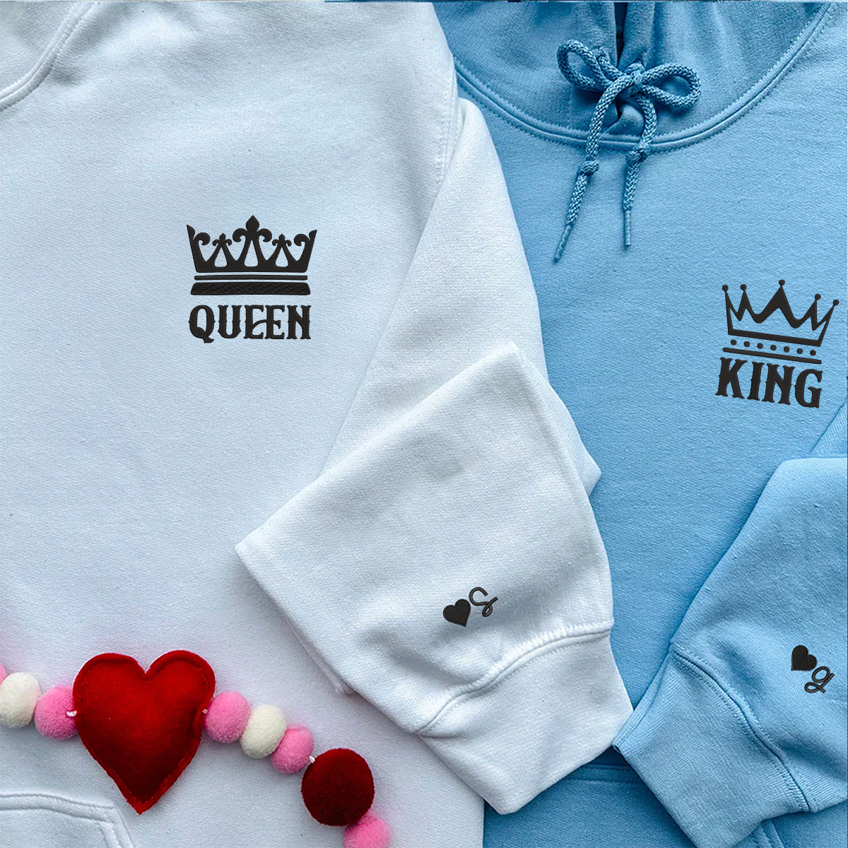 King and Queen Matching Hoodies for Couples - Custom Embroidered Relationship Hoodies