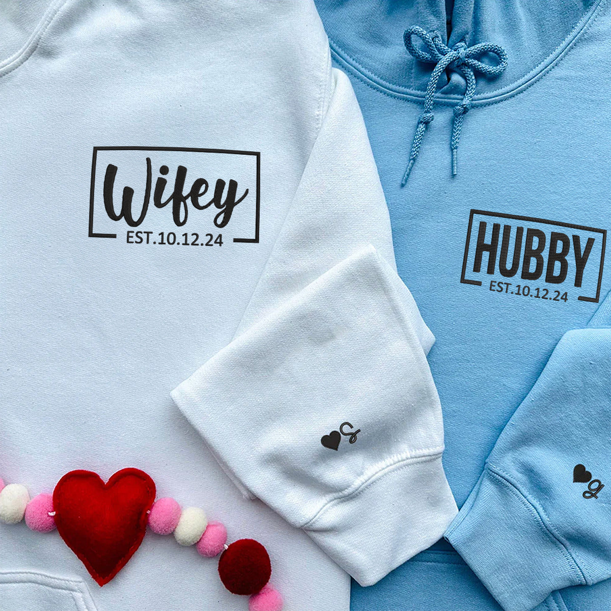 Hubby and Wifey Matching Hoodies for Couples - Custom Embroidered Sweatshirt Set