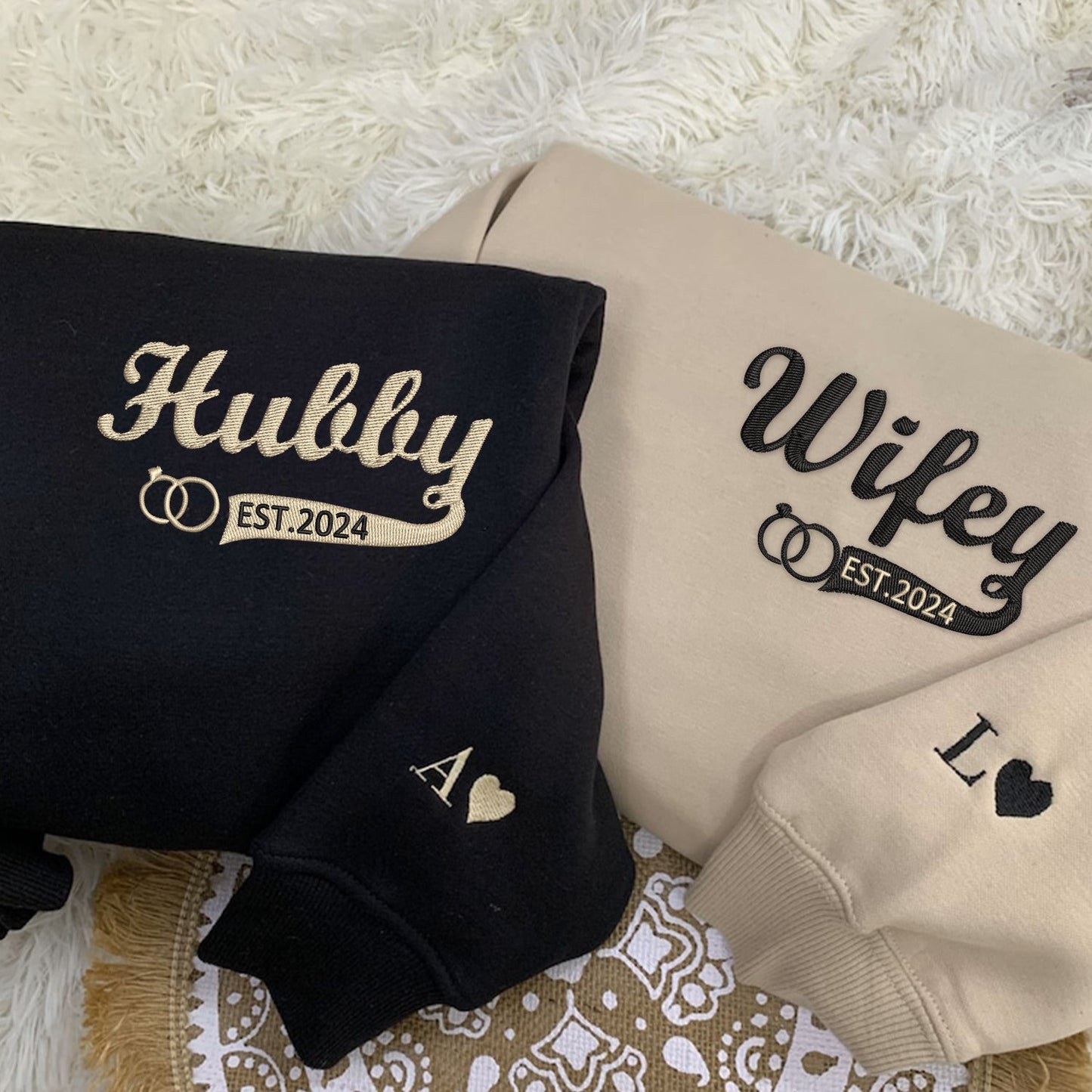 Hubby and Wifey Matching Hoodies for Couples - Custom Embroidered Sweatshirt Set