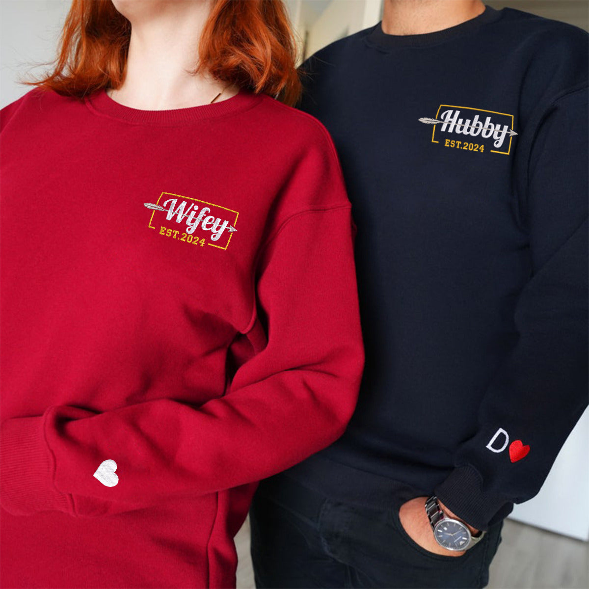 Hubby and Wifey Matching Hoodies for Couples - Custom Embroidered Sweatshirt Set