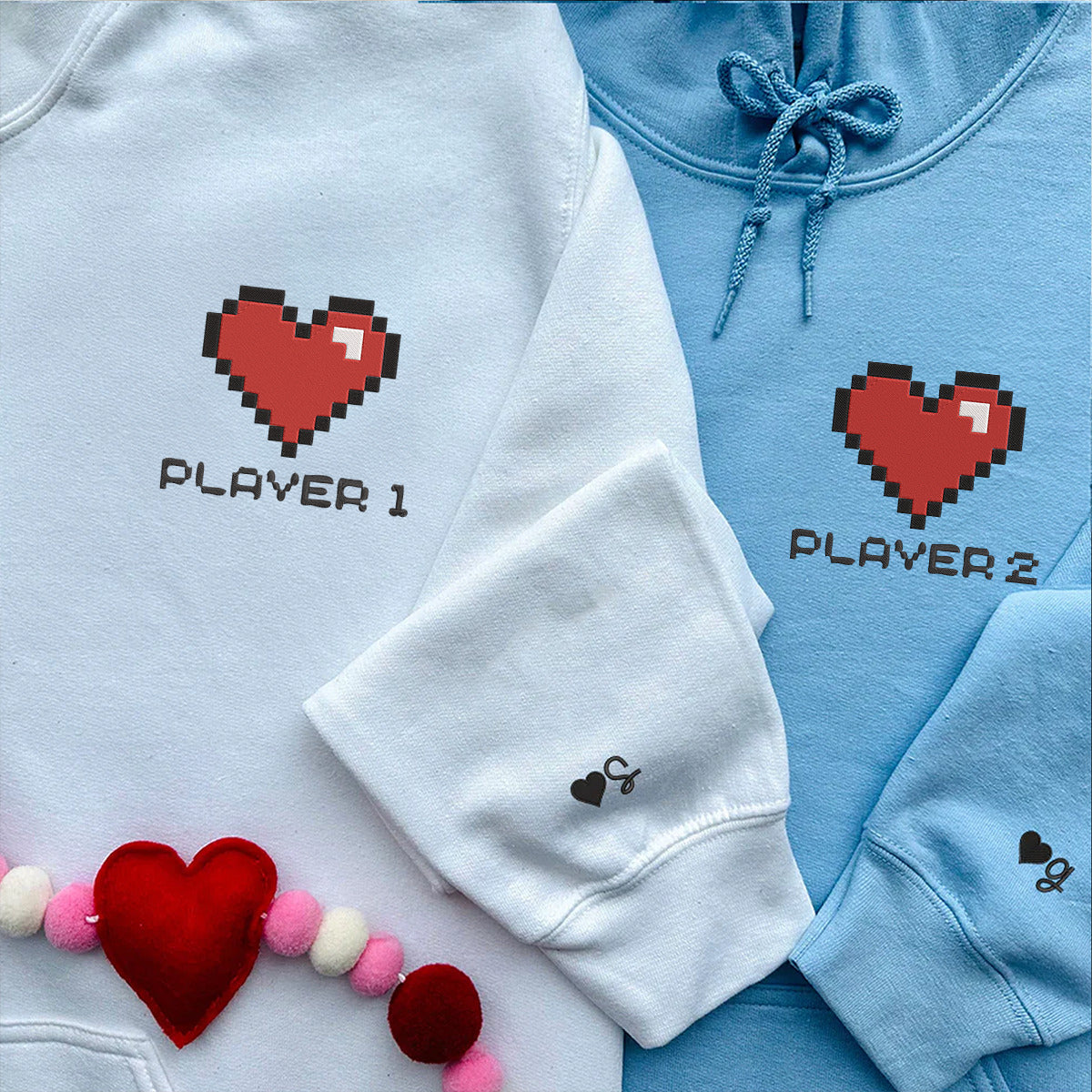 Player 1 and Player 2 Matching Hoodies - Personalized Embroidered Couple Sweatshirt Set