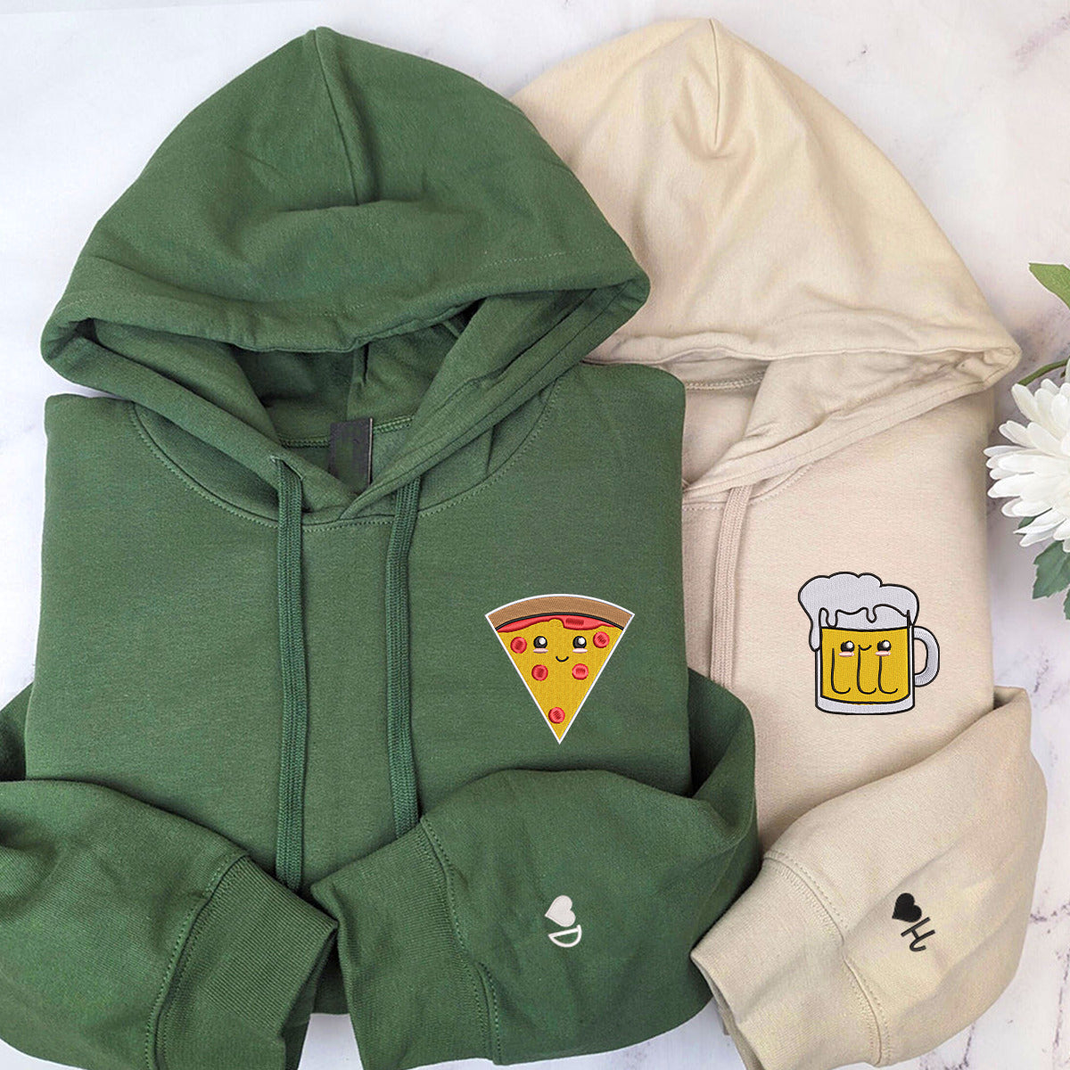 Pizza and Beer Matching Hoodies for Couples - Custom Embroidered Couple Sweatshirts