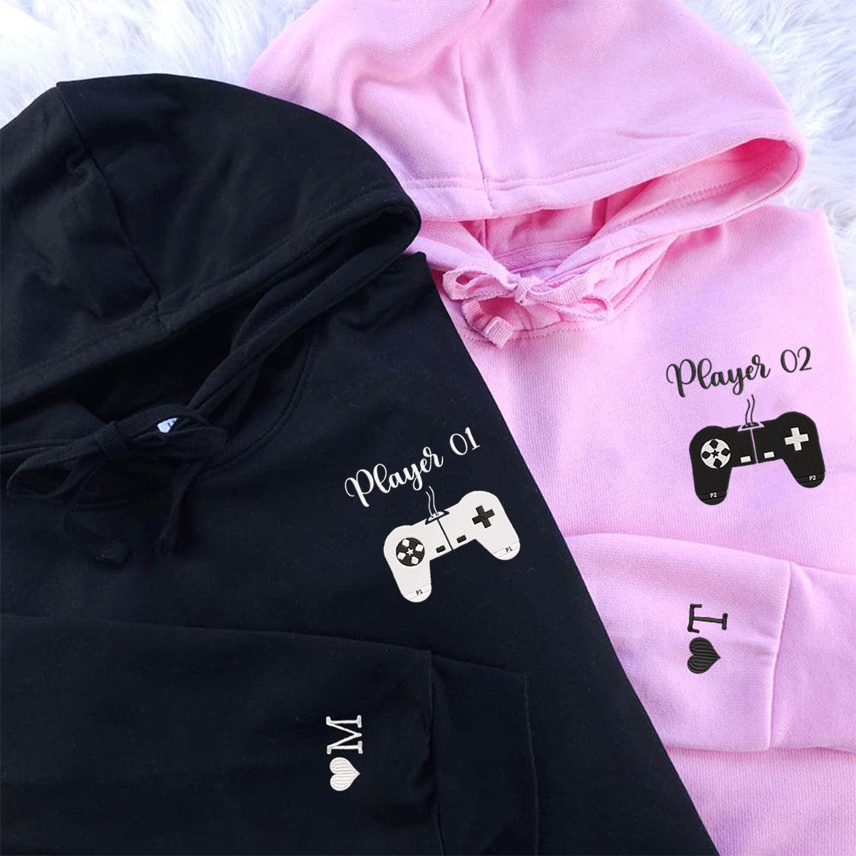 Player 1 and Player 2 Matching Hoodies - Personalized Embroidered Couple Sweatshirt Set