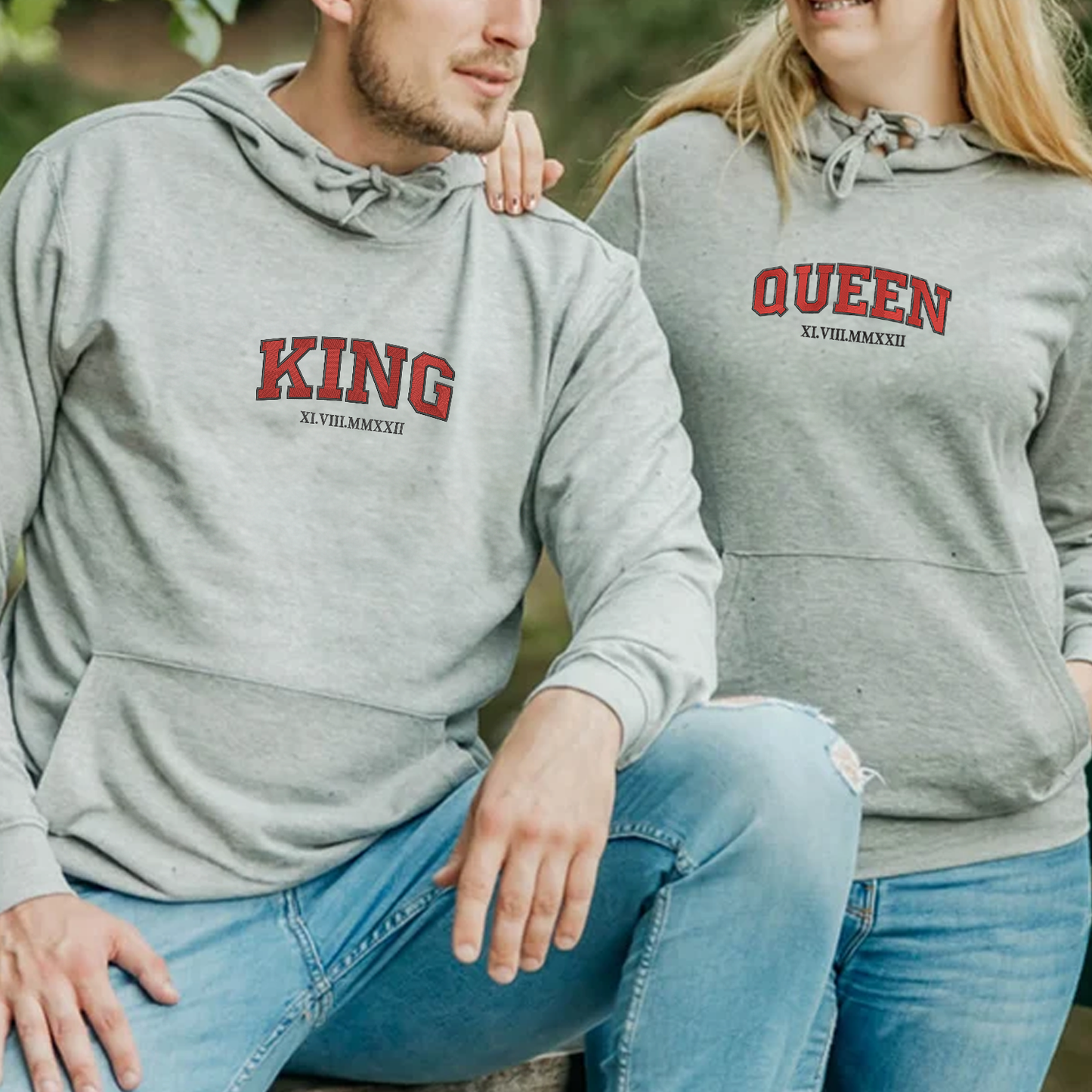 King and Queen Matching Hoodies for Couples - Custom Embroidered with Roman Numerals