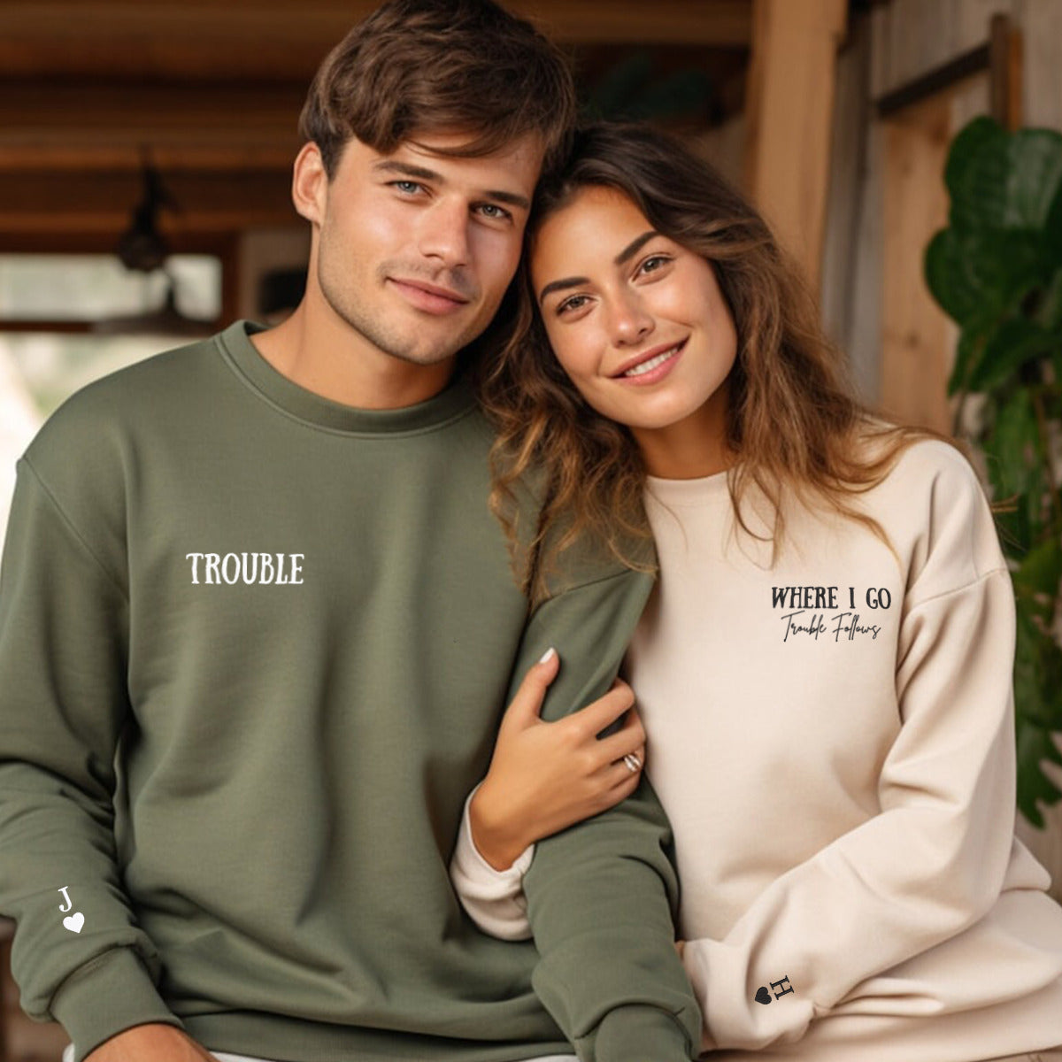 Where I Go Trouble Follows Matching Hoodies for Couples - Custom Embroidered Sweatshirts