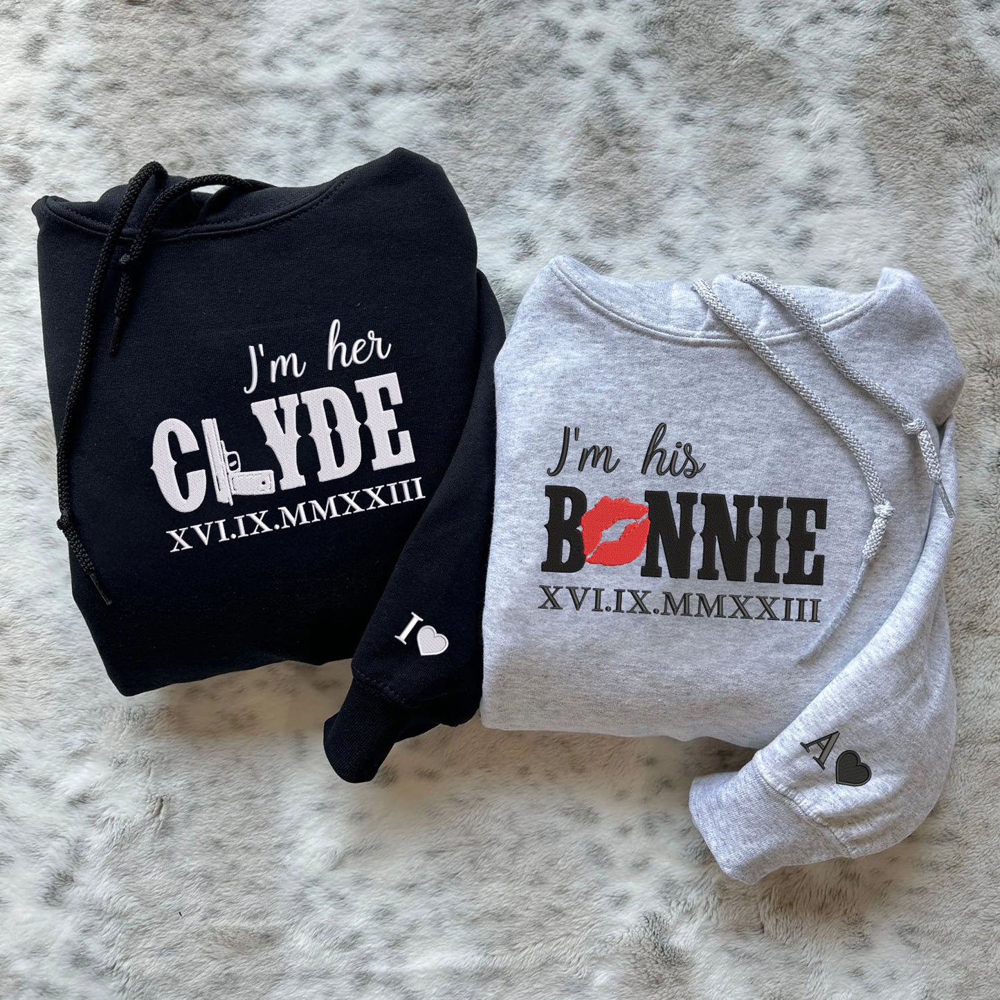 His Bonnie Her Clyde Matching Hoodies with Roman Numerals - Custom Embroidered Sweatshirts