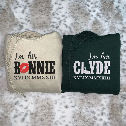 His Bonnie Her Clyde Matching Hoodies with Roman Numerals - Custom Embroidered Sweatshirts