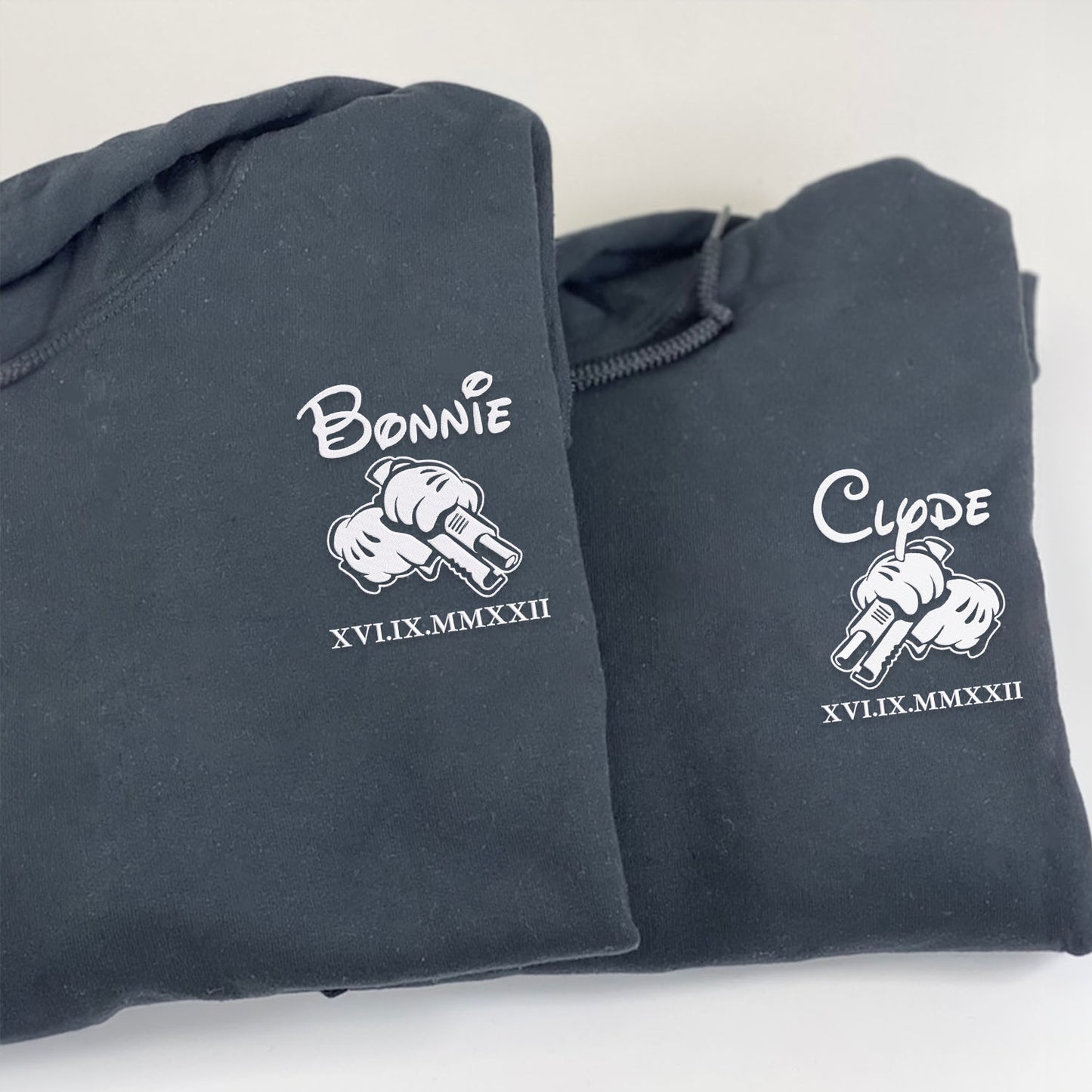 Bonnie and Clyde Matching Hoodies with Roman Numerals - Custom Embroidered Sweatshirts