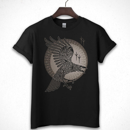 Celtic Raven Graphic T-Shirt Viking Mythology Norse Runes Tee 