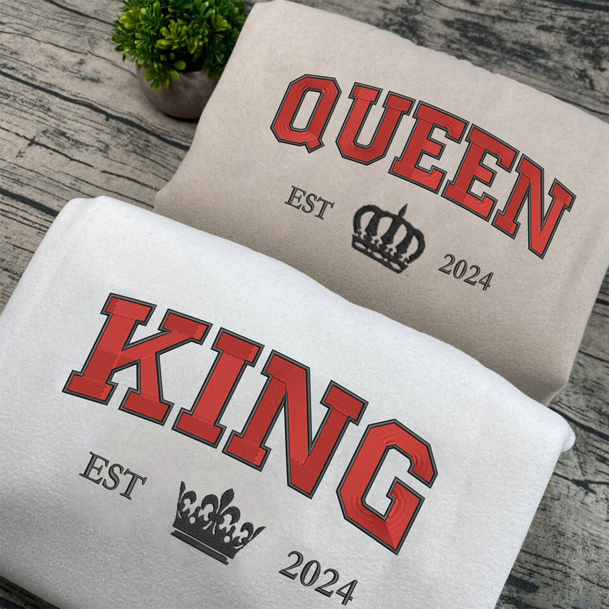 King and Queen Est Year Matching Hoodies for Couples - Custom Embroidered Sweatshirts