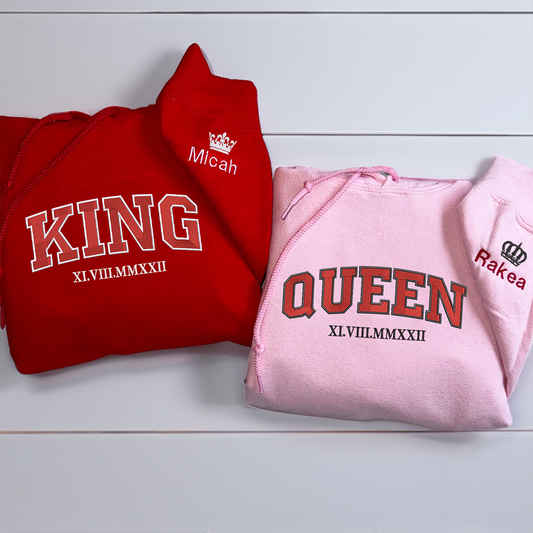 King and Queen Matching Hoodies for Couples - Custom Embroidered with Roman Numerals