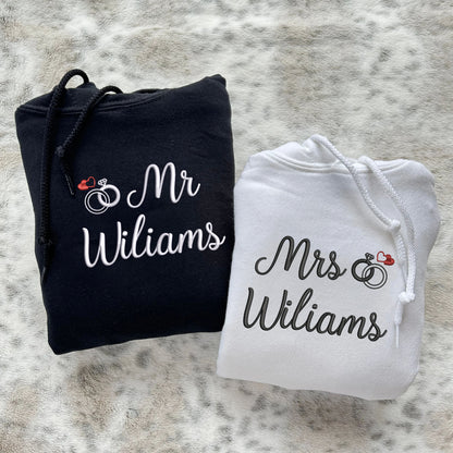 Mr. & Mrs. Hoodies or Sweatshirts - Custom Embroidered with Personalized Sleeve Text