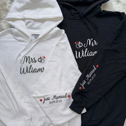 Mr. & Mrs. Hoodies or Sweatshirts - Custom Embroidered with Personalized Sleeve Text