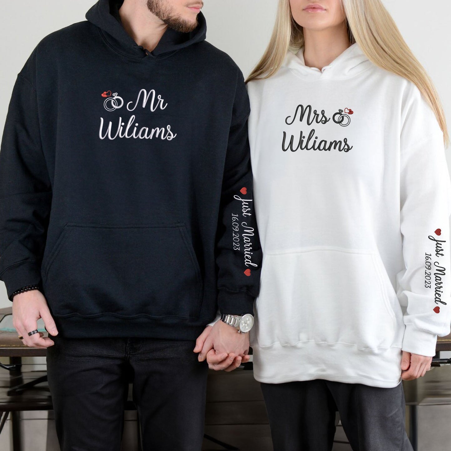 Mr. & Mrs. Hoodies or Sweatshirts - Custom Embroidered with Personalized Sleeve Text