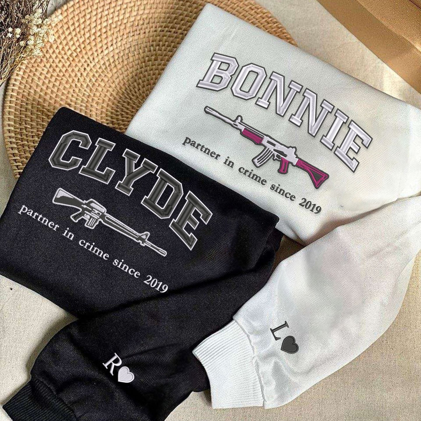 Bonnie and Clyde Matching Hoodies or Sweatshirts - Custom Embroidered Couple Set