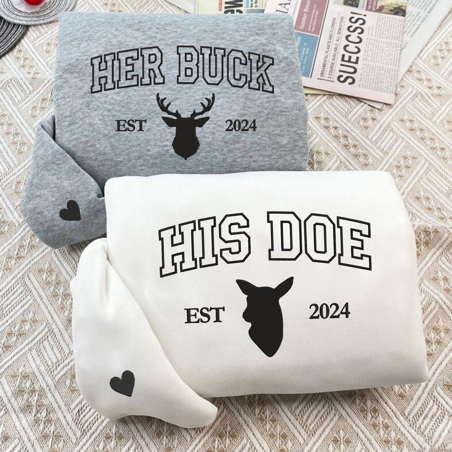 Doe and Buck Matching Hoodies for Couples - Custom Embroidered with Est Year